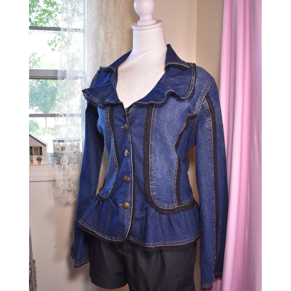 Midnight Denim‎ Lace Trim Ruffle Peplum Jacket Medium New Identity
